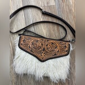 Angel Ranch Genuine Leather & Angora snap flap,2 zip compartment,adjust strap